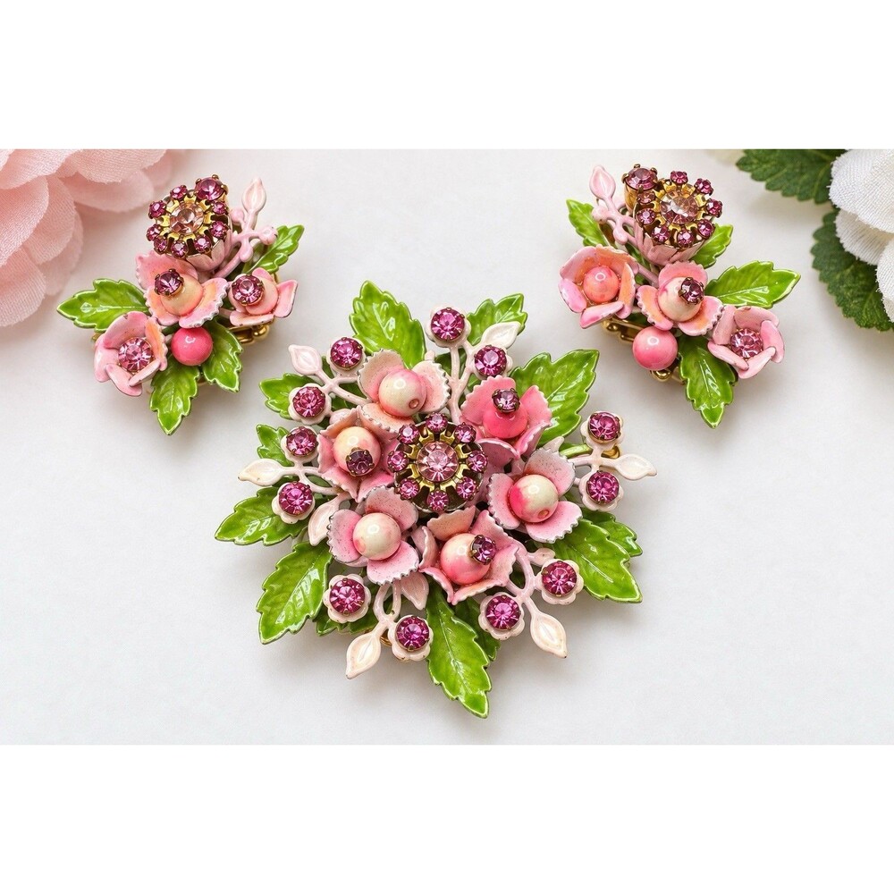 Vintage Pink Enamel Floral Brooch & Clip-On Earrings Set Pink Rhinestones